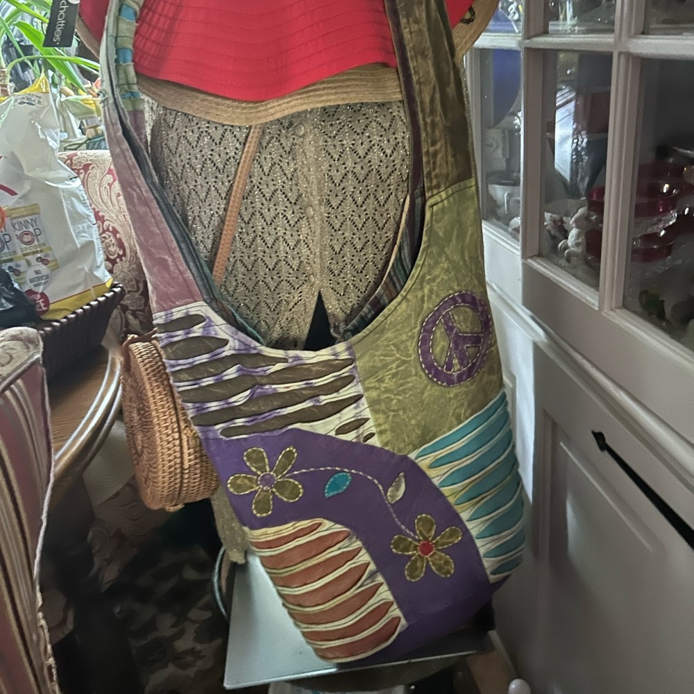 Vintage Patchwork Peace Printed Shoulder Bucket Hippie Bag - Picture 11 of 14